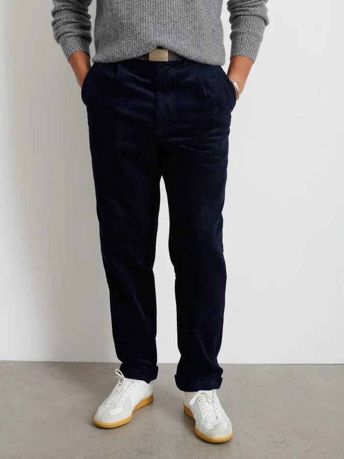 Standard Pleated Pant In Corduroy Long Inseam Dark Navy Men Alex Mill Suiting Blazers