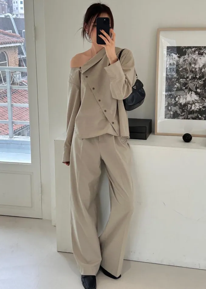 The Frankie Shop Tops Women Roan Asymmetric Button Up Blouse 8211 Beige
