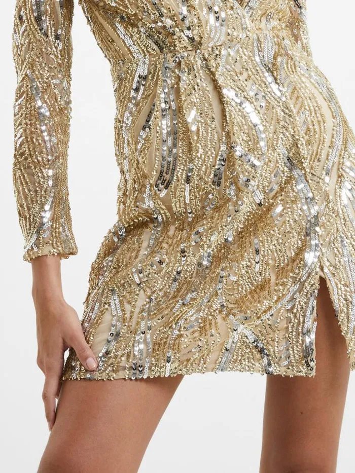 Woman French Connection Dresses Deniz Embellished Mini Dress Cementgold