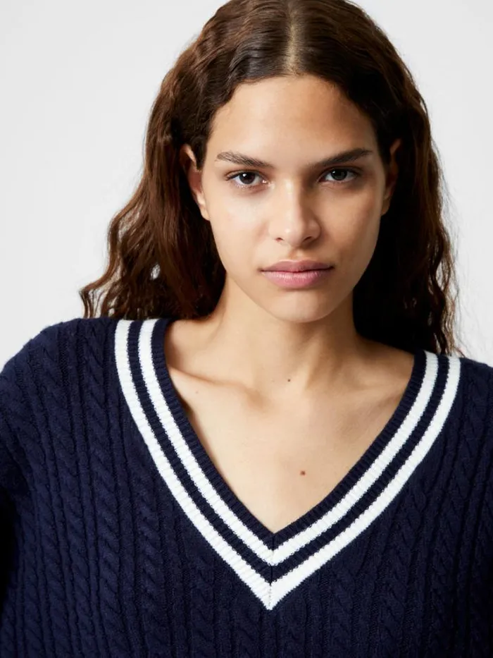 Woman French Connection Jumpers and Cardigans Babysoft Cable VNeck Jumper Duch Bluewnt Wht
