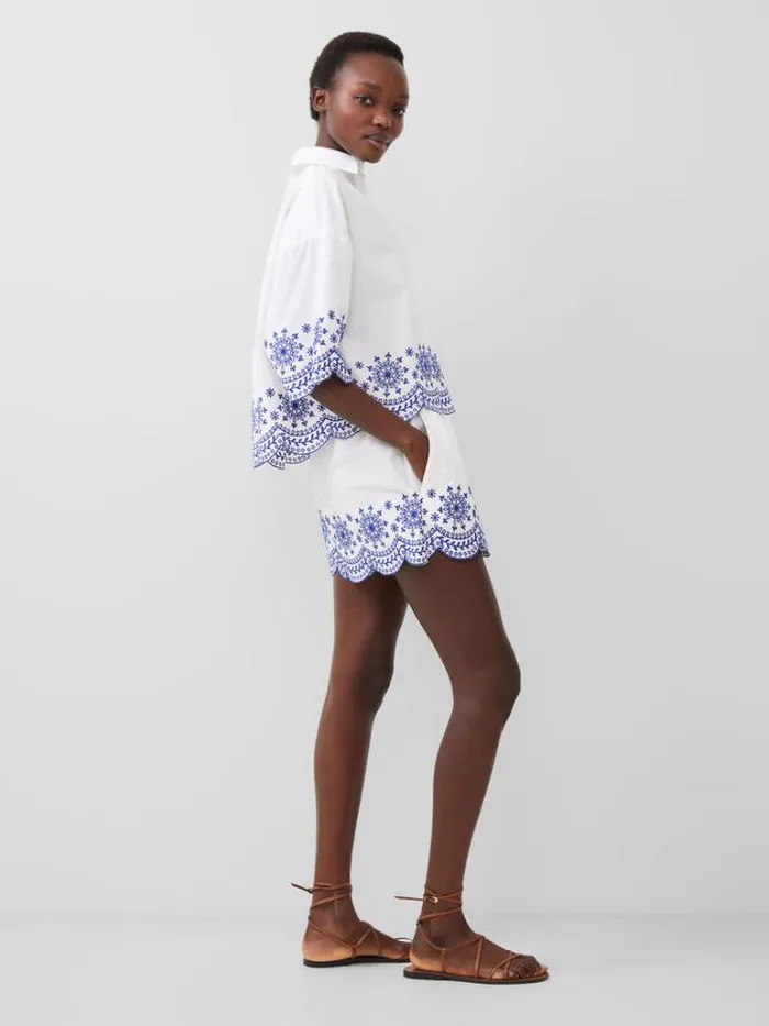 Woman French Connection Tops Alissa Cotton Embroidered Popover Shirt Linen White