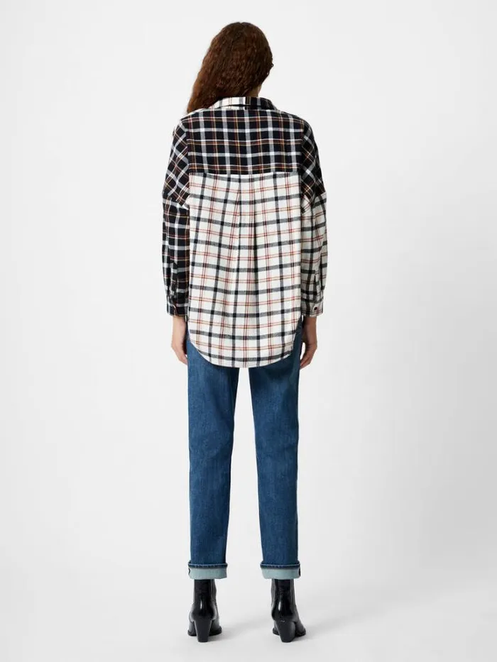 Woman French Connection Tops Mixed Flannel Check Popover Shirt Blackwinter White
