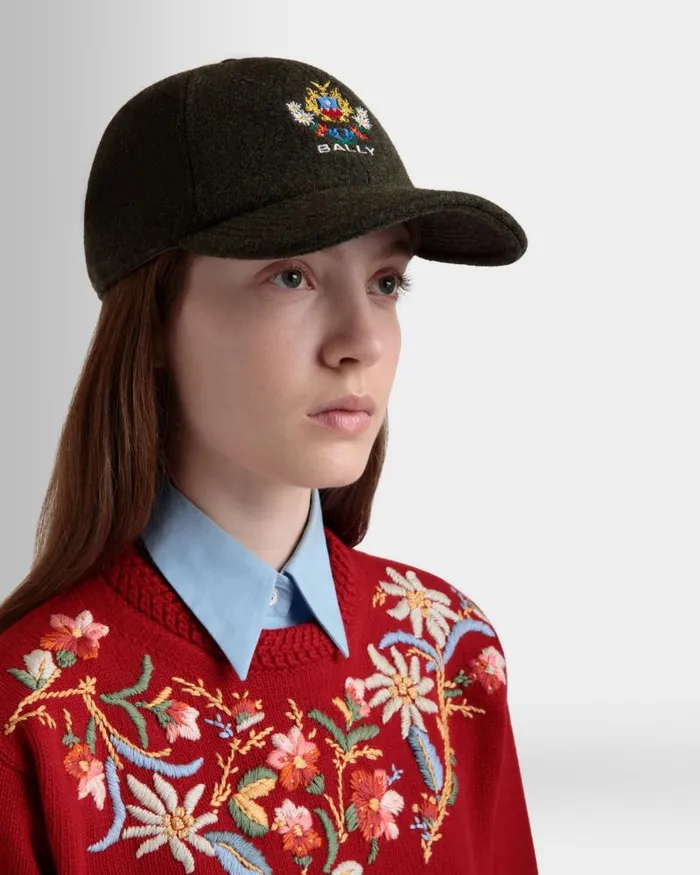 Women Bally Gloves and Hats Winter Capsule Baseball Hat With Alpine Flowers In Dark Green Wool Green Women Bally Gloves and Hats Winter Capsule Baseball Hat With Alpine Flowers In Dark Green Wool Green
