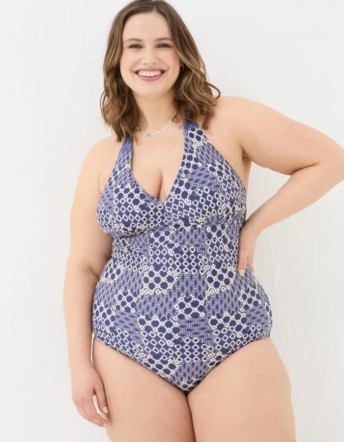 Women Beachwear and Swimwear FatFace Ari Patchwork Geo Swimsuit Blue