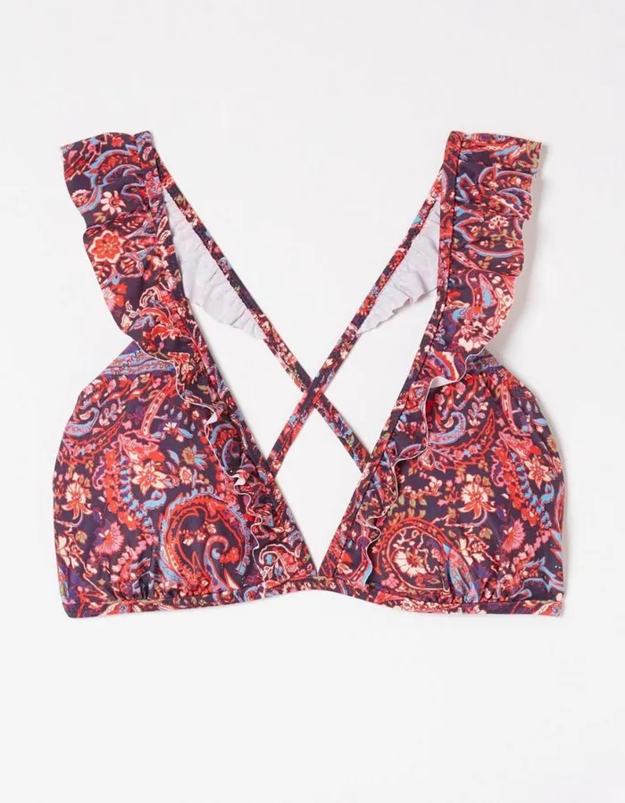 Women Beachwear and Swimwear FatFace Fia Frill Paisley Bikini Top Purple