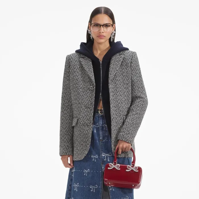 Women Black Herringbone Blazer Self Portrait Outerwear