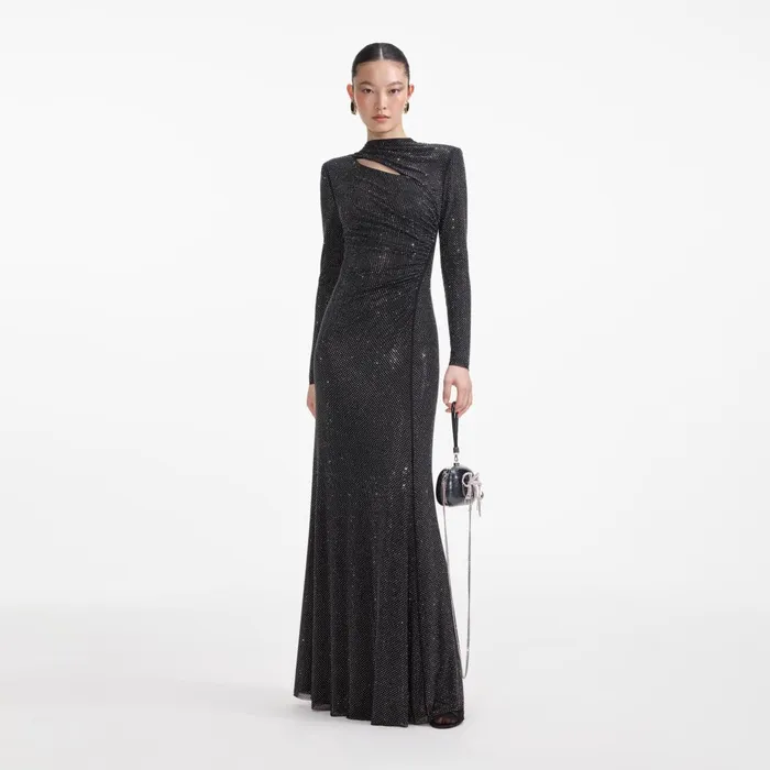 Women Black Rhinestone Mesh Cut Out Maxi Dress Self Portrait Dresses