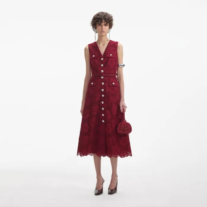 Women Burgundy Lace Buttoned Midi Dress Self Portrait Dresses