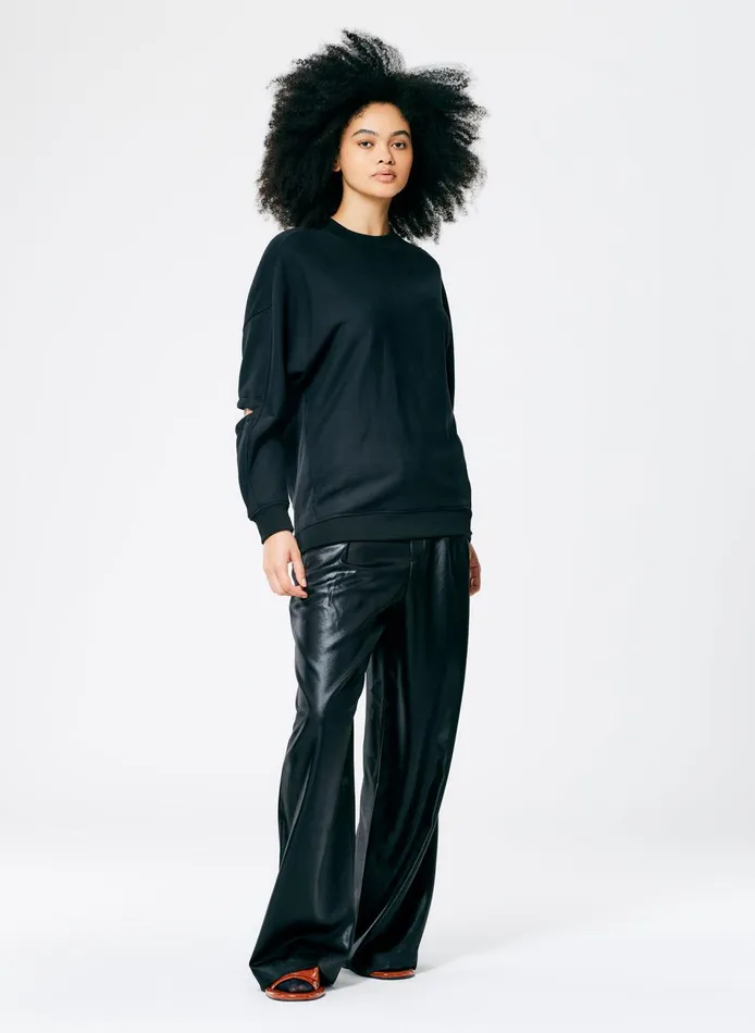 Women Cocoon Crewneck Sweatshirt Black Tibi Fundamentals