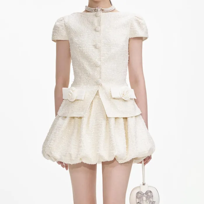 Women Cream Boucle Bow Detail Mini Dress Self Portrait Dresses