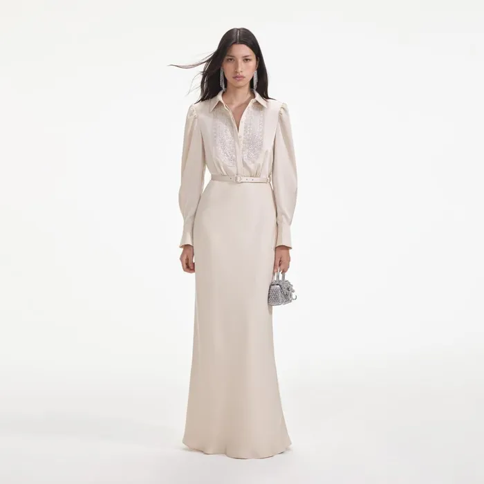 Women Cream Satin Embellished Bib Maxi Dress Self Portrait Dresses