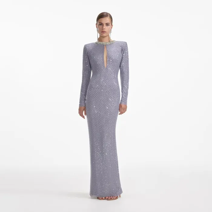 Women Grey Rhinestone Fishnet Maxi Dress Self Portrait Dresses
