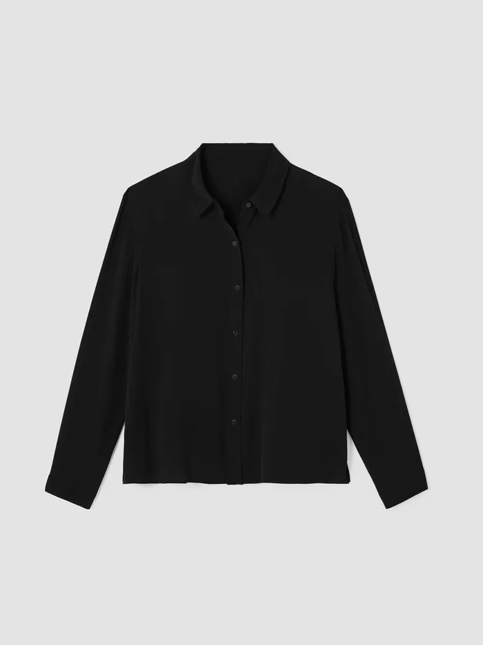 Women Tops and Tees Eileen Fisher Silk Georgette Crepe Classic Collar Shirt Black