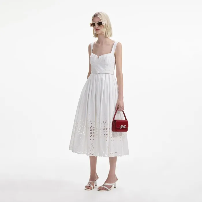 Women White Cotton Broderie Midi Dress Self Portrait Dresses