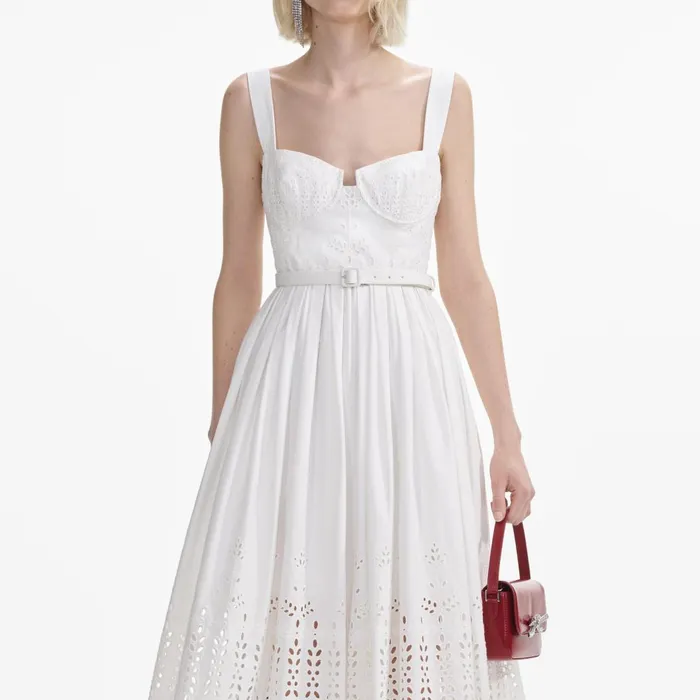 Women White Cotton Broderie Midi Dress Self Portrait Dresses