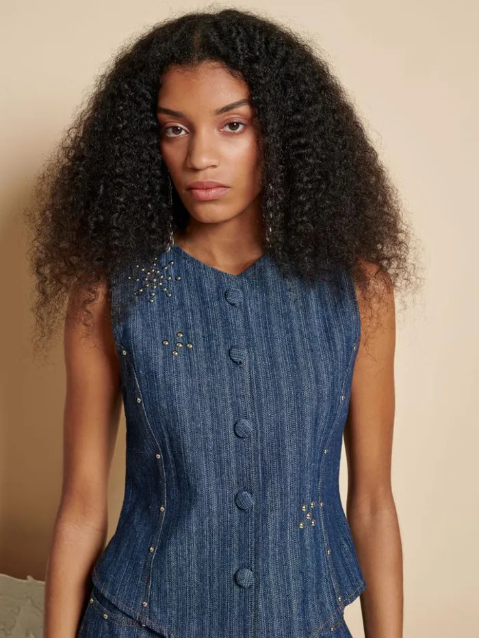 Womenswear Tops Sister Jane Ghospell Blakely Denim Studded Vest Indigo Blue